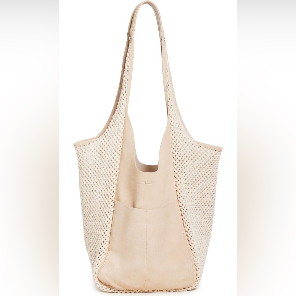 Rag & Bone Logan large summer shopper Tote Bag suede crochet macadamia cream new